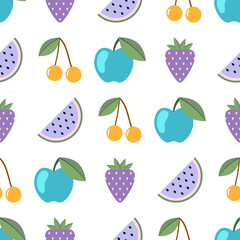 Fruit and berry seamless pattern. Watermelon, cherry, apple, strawberry seamless background. Juicy cute pattern. Vector illustration