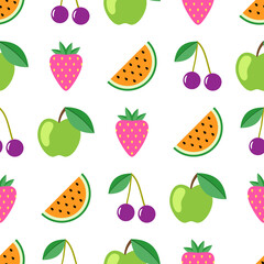 Fruit and berry seamless pattern. Watermelon, cherry, apple, strawberry seamless background. Juicy cute pattern. Vector illustration