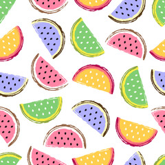 Watermelon seamless pattern. Fruit and berry seamless watermelon background. Juicy cute pattern. Vector illustration