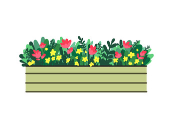 Window box with red and yellow flowers. Vector illustration in flat style.