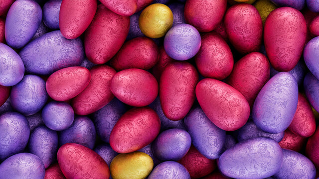 Multicolored, foil wrapped Easter Egg background. Beautiful Easter Wallpaper with, vibrant Purple, Red and Yellow Eggs. 3D Render 