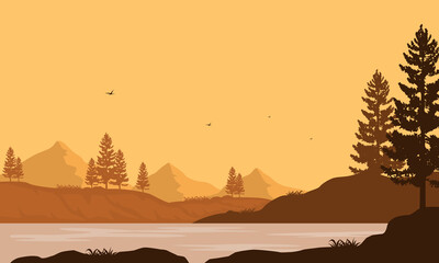 Sunny afternoon with beautiful mountain views from the riverside. Vector illustration