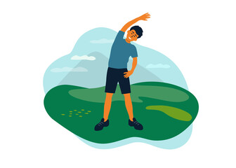 Outdoor physical activities, healthy lifestyle concept. Man doing side bends, sport exercise, stretching. Guy spends time on nature walking in park. Fitness workout, active leisure vector illustration