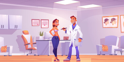 Plastic surgeon consulting woman about breast lift or augmentation operation in clinic room. Vector cartoon illustration of doctor office, man medic and female patient. Mammoplasty beauty surgery