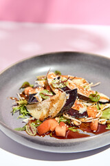 Eggplant restaurant appetizer plate. Restaurant appetizer food plate on white table with pink wall. Day sunlight with hard shadow of monstera palm leaves. Summer or spring restaurant food concept.