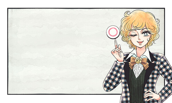 昭和の少年愛漫画風・マル札を持つ笑顔の美少年・ホワイトボード背景