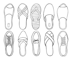 Set of shoes. .Hand draw doodle outline sketch. Vector illustration.