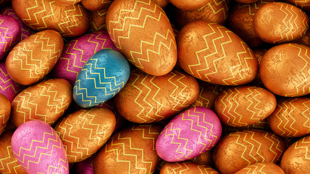 Multicolored, foil wrapped Easter Egg background. Beautiful Easter Wallpaper with, patterned Pink, Green and Orange Eggs. 3D Render 