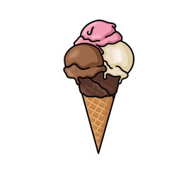 Triple Scoop Ice Cream Waffle Chocolate Dipped Cone Digital Illustration