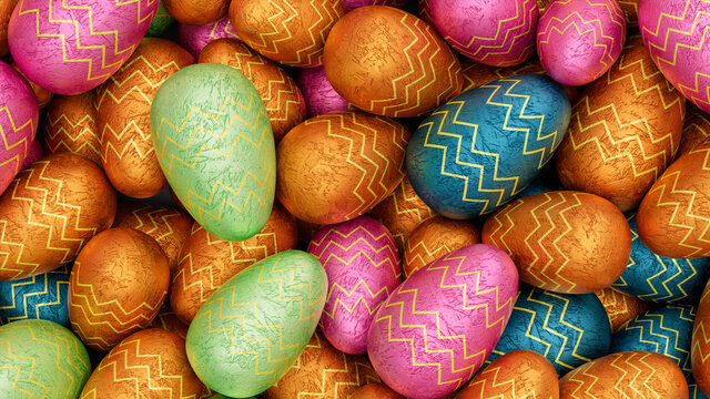 Multicolored, foil wrapped Easter Egg background. Beautiful Easter Wallpaper with, patterned Pink, Green and Orange Eggs. 3D Render 