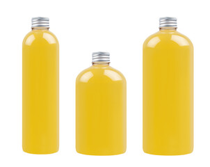Collection plastic transparent bottles - tall, low and thick with orange drink, cooking oil or cosmetic produce, silver cap mockup, isolated, template.