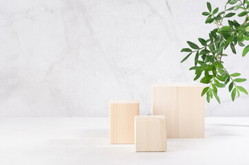 Wooden podiums with green lush foliage, shadow in elegant white interior with grey marble wall in...
