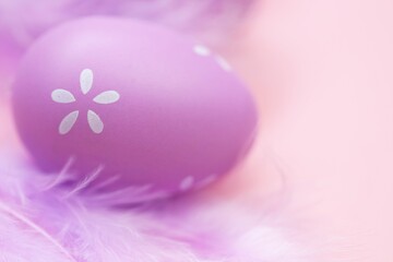 Easter lilac eggs close-up and purple feathers on a delicate light pink background.Festive easter background in pastel purple colors. copy space