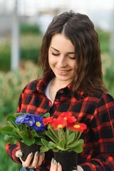 Beautiful young smiling girl, worker with flowers in greenhouse. Concept work in the greenhouse, flowers, tulips, box with flowers. Copy space.