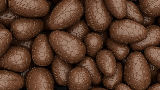 Chocolate Easter Egg background. Easter Wallpaper showing a collection of Chocolate Eggs. 3D Render 