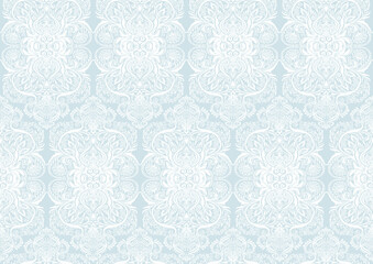 Tradition floral seamless pattern, damask vintage ornament. Royal victorian flourish wallpapper, luxury textile. Vector illustration. In blue and white colors.
