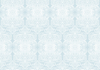 Tradition floral seamless pattern, damask vintage ornament. Royal victorian flourish wallpapper, luxury textile. Vector illustration. In blue and white colors.