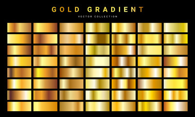 Set of gold foil texture background. Golden, copper, brass and metal gradient template. Vector illustration