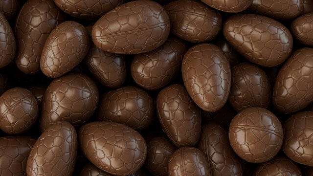 Chocolate Easter Egg background. Easter Wallpaper showing a collection of Chocolate Eggs. 3D Render 