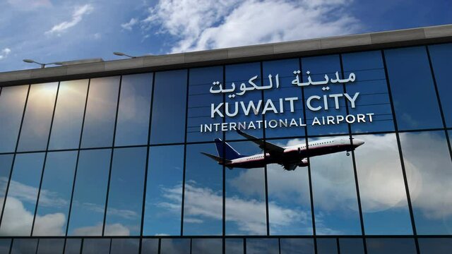 Jet aircraft landing at Kuwait City 3D rendering animation. Arrival with the glass airport terminal and reflection of the plane. Travel, business, tourism and transport concept.