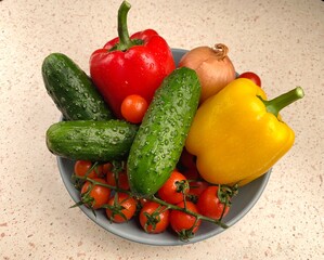 Vegetables - tomato, cucumber, pepper and bow on the plate.Healthy and fresh food.