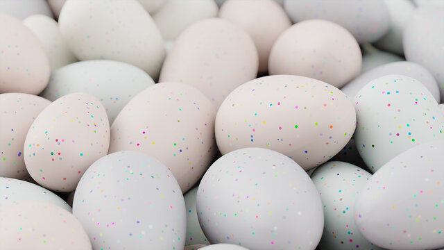 Multicolored Easter Egg background. Beautiful Easter Wallpaper with, speckled Pale Eggs. 3D Render 