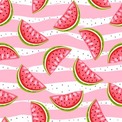 Sweet watermelon on stripes background with black seed. Summer seamless pattern. Bright print for fabric.