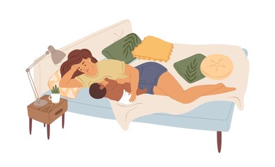 Mom breastfeeding newborn baby. Happy mother on bed with child, who suckling breast. Young woman feeding black-skinned infant with breastmilk. Colored flat vector illustration isolated on white