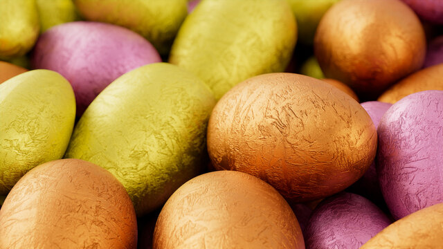 Multicolored, foil wrapped Easter Egg background. Beautiful Easter Wallpaper with vibrant Yellow, Orange and Pink Eggs. 3D Render 
