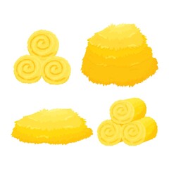 Set of Dry bale of hay, haycock in cartoon style isolated on white background. Roll pile, straw stack. Agriculture harvest, farm work stock vector illustration.
