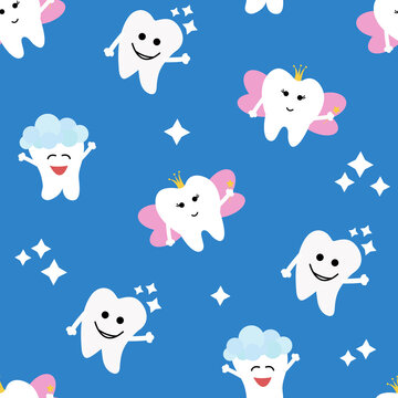 Vector seamless pattern with teeth on blue background. Tooth Fairy. Children's illustration on the theme of dentistry. The pattern of teeth.
