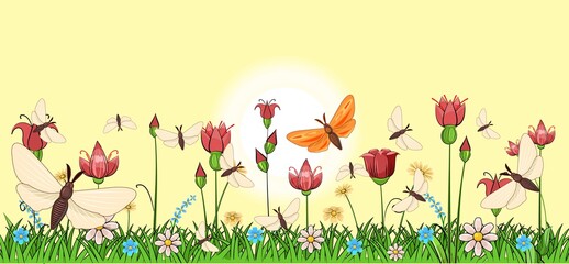 Blooming meadow with grass and flowers. Landscape with sky and sun. Cartoon style. Fabulous illustration. Background picture. Beautiful natural view. Wild plant nature. Rural scene.  Vector