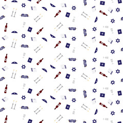 Jewish Shabbat seamless pattern, Star of David, tallit, Shabbat candles, Torah, Challah, Kippah, wine bottle, Kiddush cup background