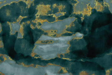 Abstract tidewater green watercolor or liquid marble background and fortuna gold - obrazy, fototapety, plakaty