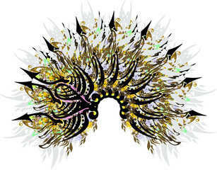 Beautiful gray and golden arch colorful splashes. Feather elements, black arrows and golden and colored floral motifs formed an arch similar to a sunflower flower for prints, textiles, wallpaper, etc.