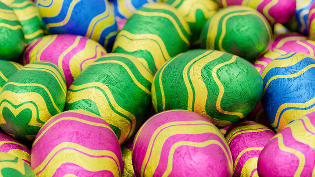 Multicolored, foil wrapped Easter Egg background. Beautiful Easter Wallpaper with, patterned Pink, Blue and Green Eggs. 3D Render 