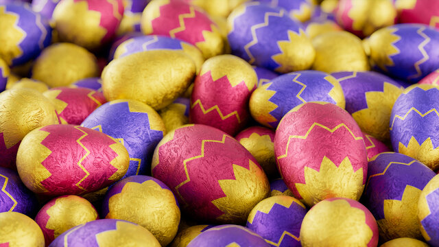 Multicolored, foil wrapped Easter Egg background. Beautiful Easter Wallpaper with, patterned Yellow, Pink and Purple Eggs. 3D Render 