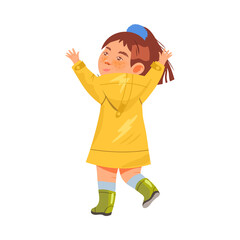 Funny Girl Character in Rubber Boots and Raincoat Walking Vector Illustration