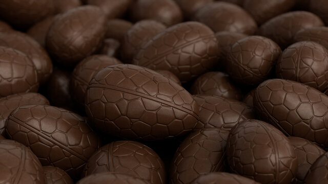 Chocolate Easter Egg background. Easter Wallpaper showing a collection of Chocolate Eggs. 3D Render 