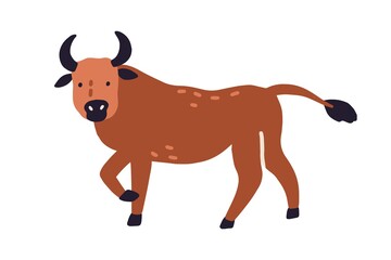 Cute bull or ox isolated on white background. Funny buffalo animal. Colored flat vector illustration of wild horny character isolated on white background