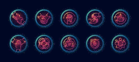 Fototapeta na wymiar 10 in 1 vector icons set related to labour rights and team building theme. Lineart vector icons in geometric neon glow style with particles isolated on background.