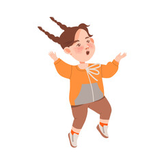 Cute Freckled Girl with Braids Jumping with Joy and Excitement Vector Illustration