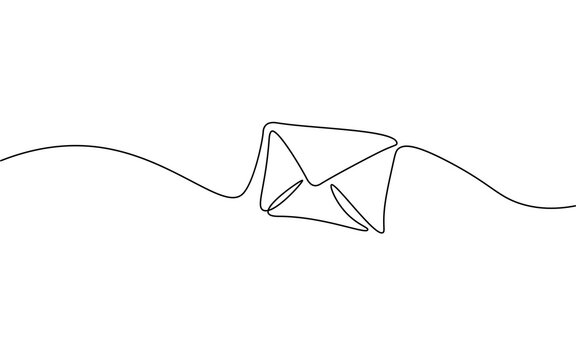 One line paper envelope. Black and white monochrome continuous single line art. Email message post letter send illustration sketch outline drawing