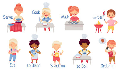 Little Children at Kitchen Cooking, Eating, Serving and Boiling Vector Set