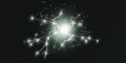 Lightning flash light thunder sparks on a transparent background. Fire and ice fractal lightning, plasma power background vector illustration. Lightning PNG.		