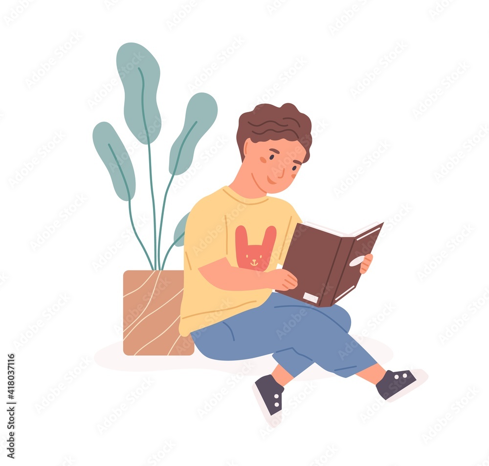 Aufkleber Happy boy sitting with open book in hands and reading it. Smiling kid studying with textbook. Colored flat cartoon vector illustration of smart child with literature isolated on white background