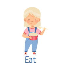 Little Girl at Kitchen Eating Porridge with Spoon for Breakfast Vector Illustration