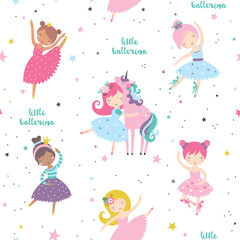Pretty ballerinas with flowers childish seamless pattern. Creative nursery texture. Perfect for kids design, fabric, wrapping, wallpaper, textile, apparel © Angelina De Sol