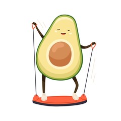 Cute strong avocado training its muscles at exercise machine isolated on white background. Funny fruit with happy face doing fitness. Colored flat cartoon vector illustration of vegetable working out