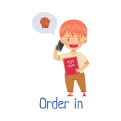 Cute Boy Calling with Smartphone and Ordering Food In Vector Illustration